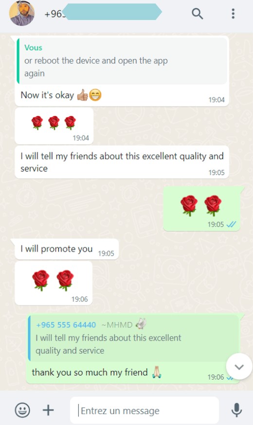 WhatsApp review of TruWave TV IPTV customer support: customer thanks the team for fixing a streaming issue and recommends the IPTV service to friends